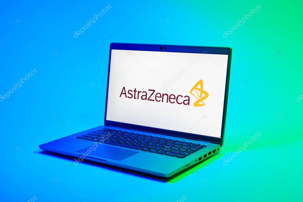 Prague, Czechia - 02 21 2025: Laptop on surface showing AstraZeneca logo.