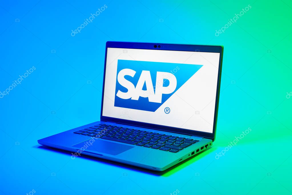 Prague, Czechia - 02 21 2025: Laptop on surface showing SAP logo.