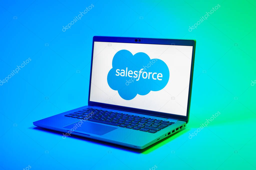 Prague, Czechia - 02 21 2025: Laptop on surface showing Salesforce logo.