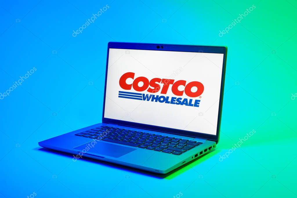 Prague, Czechia - 02 21 2025: Laptop on surface showing Costco logo.