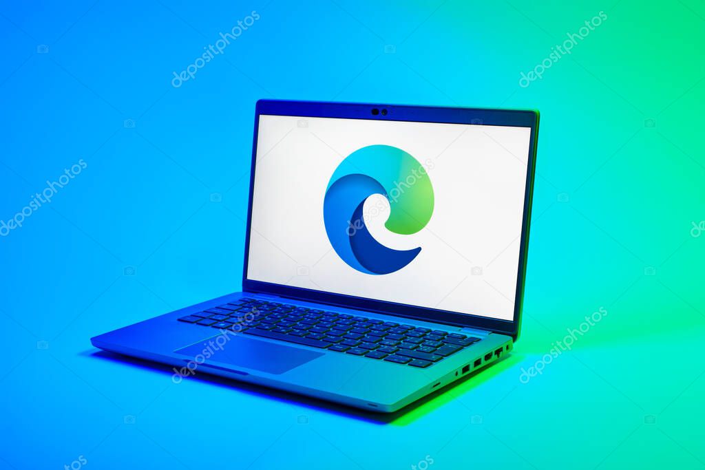Prague, Czechia - 02 21 2025: Laptop on surface showing Edge logo.
