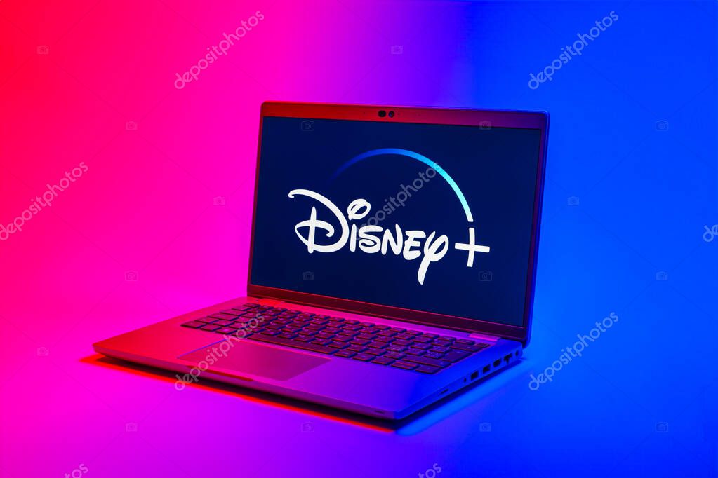 Prague, Czechia - 02 21 2025: Laptop on surface showing Disney + logo.