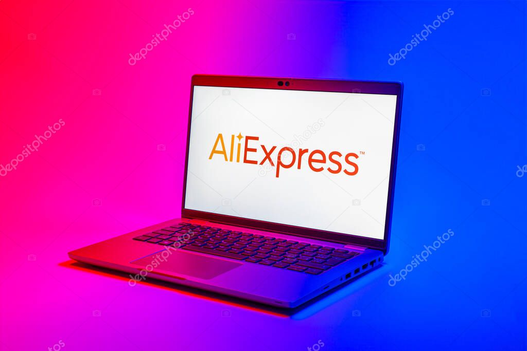 Prague, Czechia - 02 21 2025: Laptop on surface showing AliExpress logo.