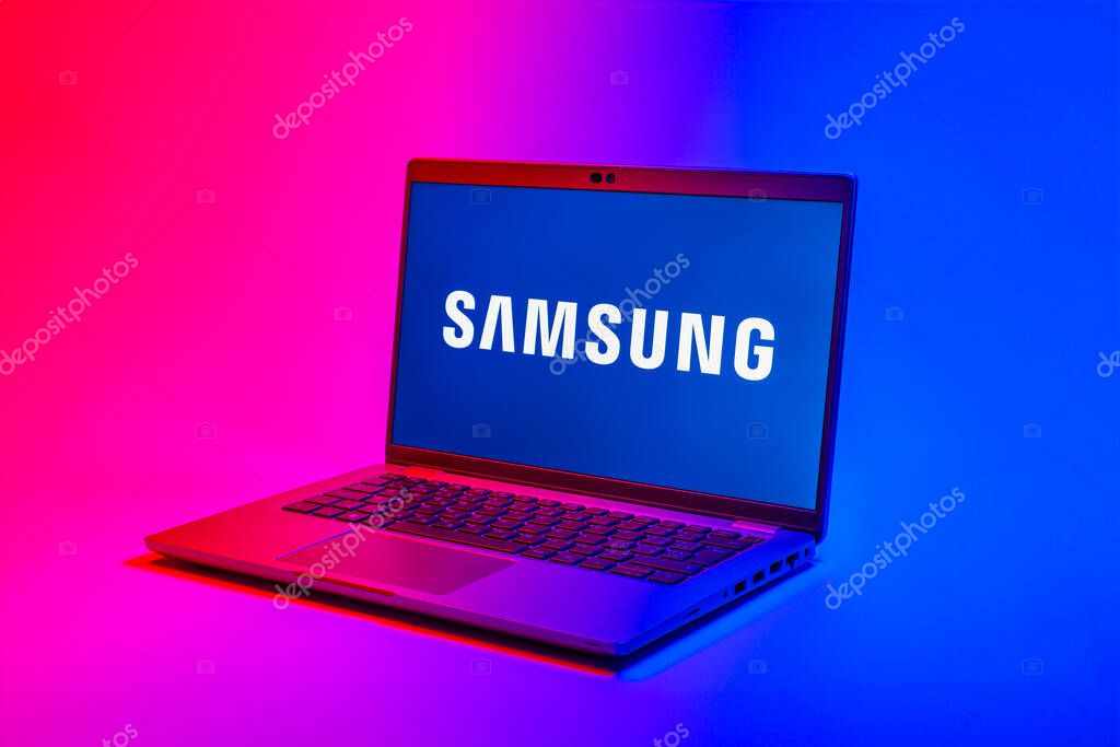 Prague, Czechia - 02 21 2025: Laptop on surface showing Samsung logo.