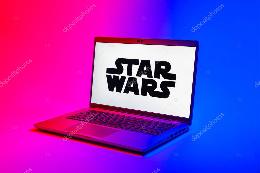 Prague, Czechia - 02 21 2025: Laptop on surface showing Star Wars logo.