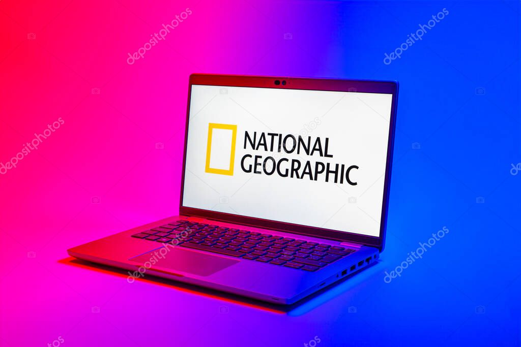 Prague, Czechia - 02 21 2025: Laptop on surface showing National Geographic logo.