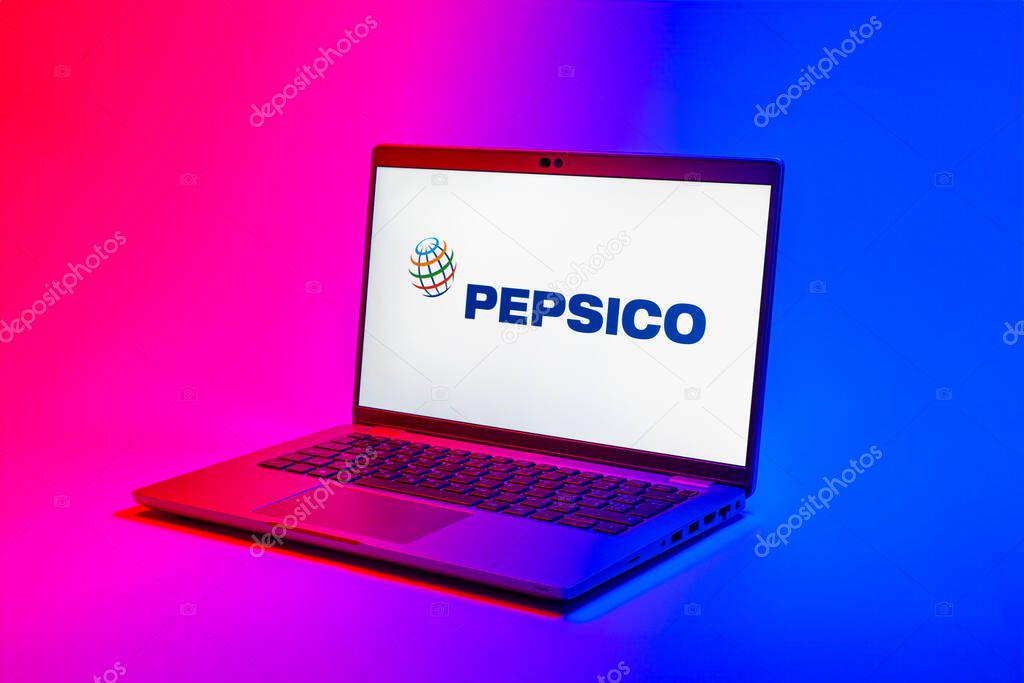 Prague, Czechia - 02 21 2025: Laptop on surface showing Pepsico logo.