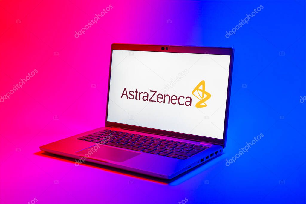 Prague, Czechia - 02 21 2025: Laptop on surface showing AstraZeneca logo.