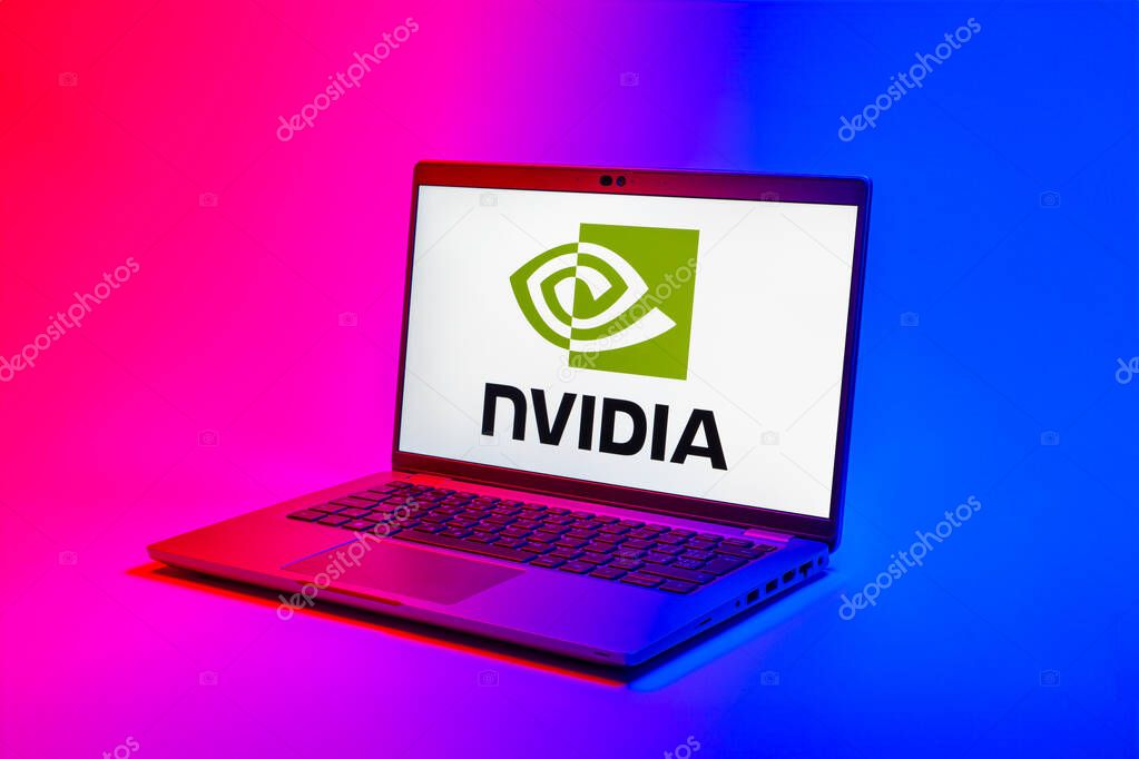 Prague, Czechia - 02 21 2025: Laptop on surface showing NVIDIA logo.