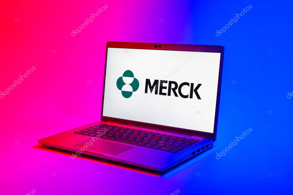 Prague, Czechia - 02 21 2025: Laptop on surface showing Merck logo.