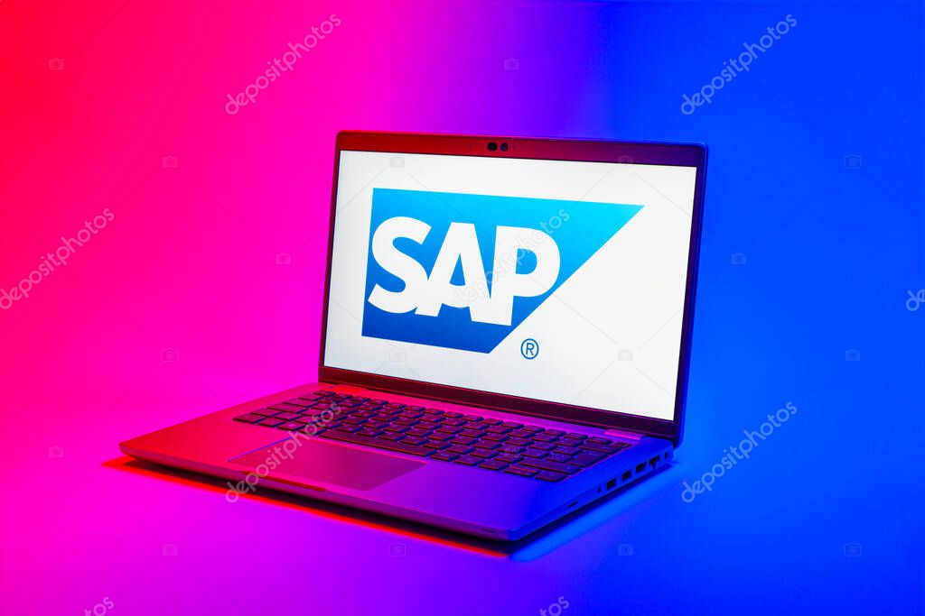 Prague, Czechia - 02 21 2025: Laptop on surface showing SAP logo.