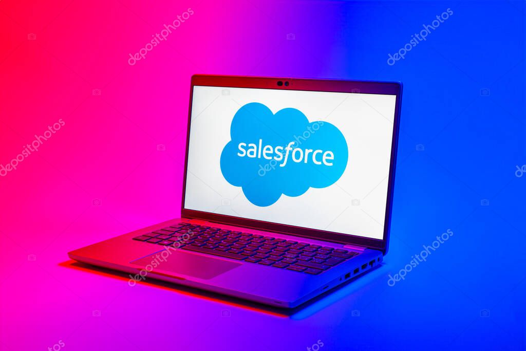 Prague, Czechia - 02 21 2025: Laptop on surface showing Salesforce logo.