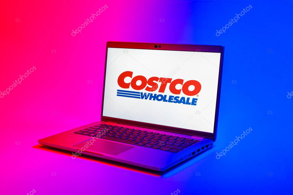 Prague, Czechia - 02 21 2025: Laptop on surface showing Costco logo.