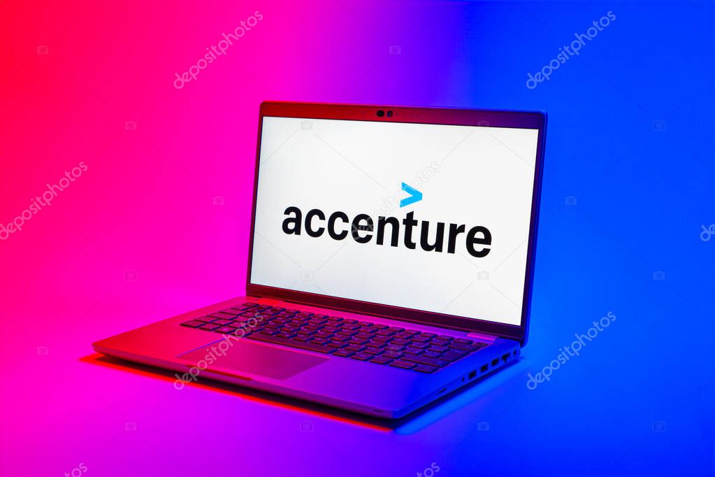 Prague, Czechia - 02 21 2025: Laptop on surface showing Accenture logo.