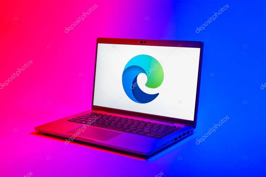 Prague, Czechia - 02 21 2025: Laptop on surface showing Edge logo.