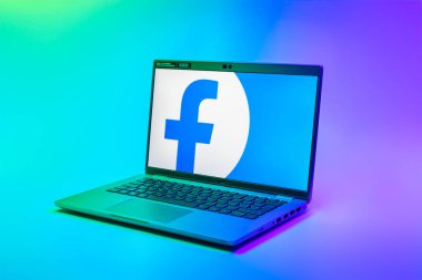 Prag, Çek Cumhuriyeti - 02 21 2025: Facebook logosunu gösteren dizüstü bilgisayar.