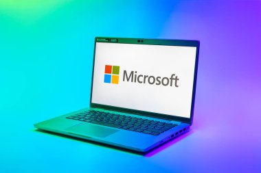 Prag, Çek Cumhuriyeti - 02 21 2025: Microsoft logosunu gösteren dizüstü bilgisayar.
