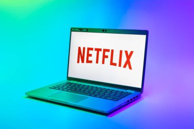 Prag, Çek Cumhuriyeti - 02 21 2025: Netflix logosunu gösteren dizüstü bilgisayar.