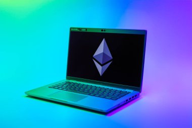Prag, Çek Cumhuriyeti - 02 21 2025: Ethereum logosunu gösteren dizüstü bilgisayar.