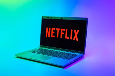 Prag, Çek Cumhuriyeti - 02 21 2025: Netflix logosunu gösteren dizüstü bilgisayar.