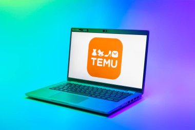 Prag, Çek Cumhuriyeti - 02 21 2025: Temu logosunu gösteren dizüstü bilgisayar.