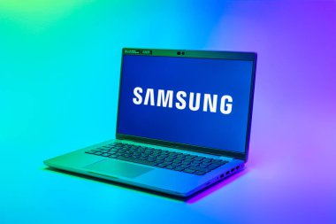 Prag, Çek Cumhuriyeti - 02 21 2025: Samsung logosunu gösteren dizüstü bilgisayar.