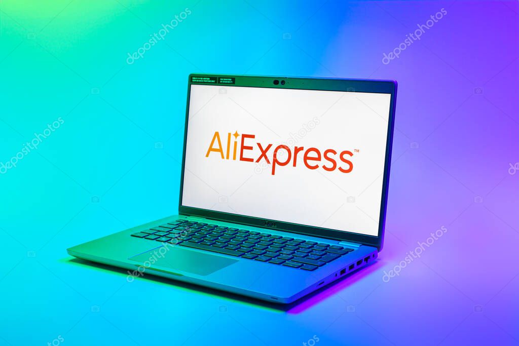 Prague, Czechia - 02 21 2025: Laptop on surface showing AliExpress logo.