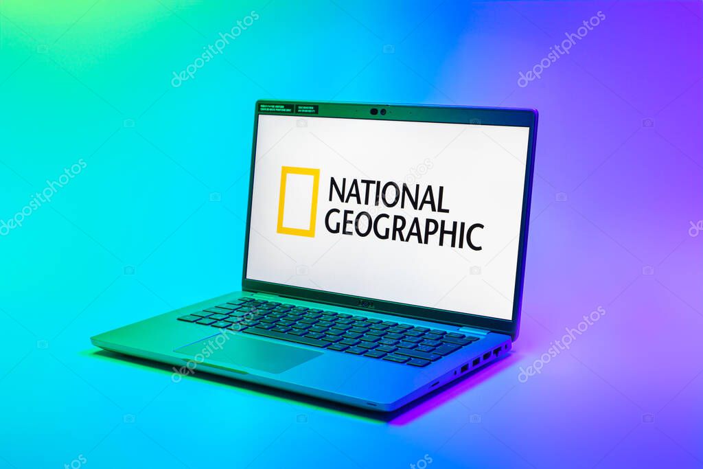 Prague, Czechia - 02 21 2025: Laptop on surface showing National Geographic logo.