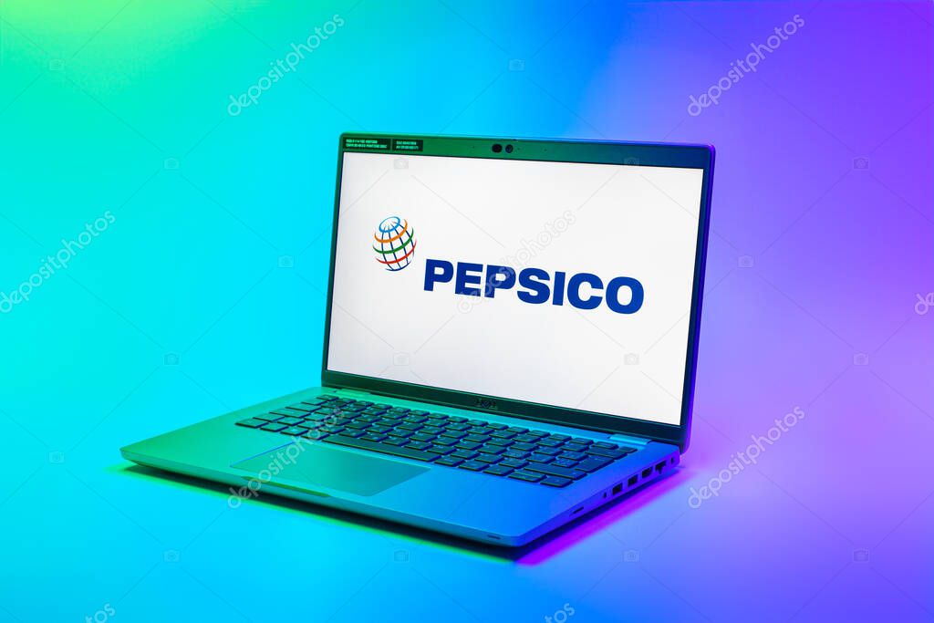 Prague, Czechia - 02 21 2025: Laptop on surface showing Pepsico logo.