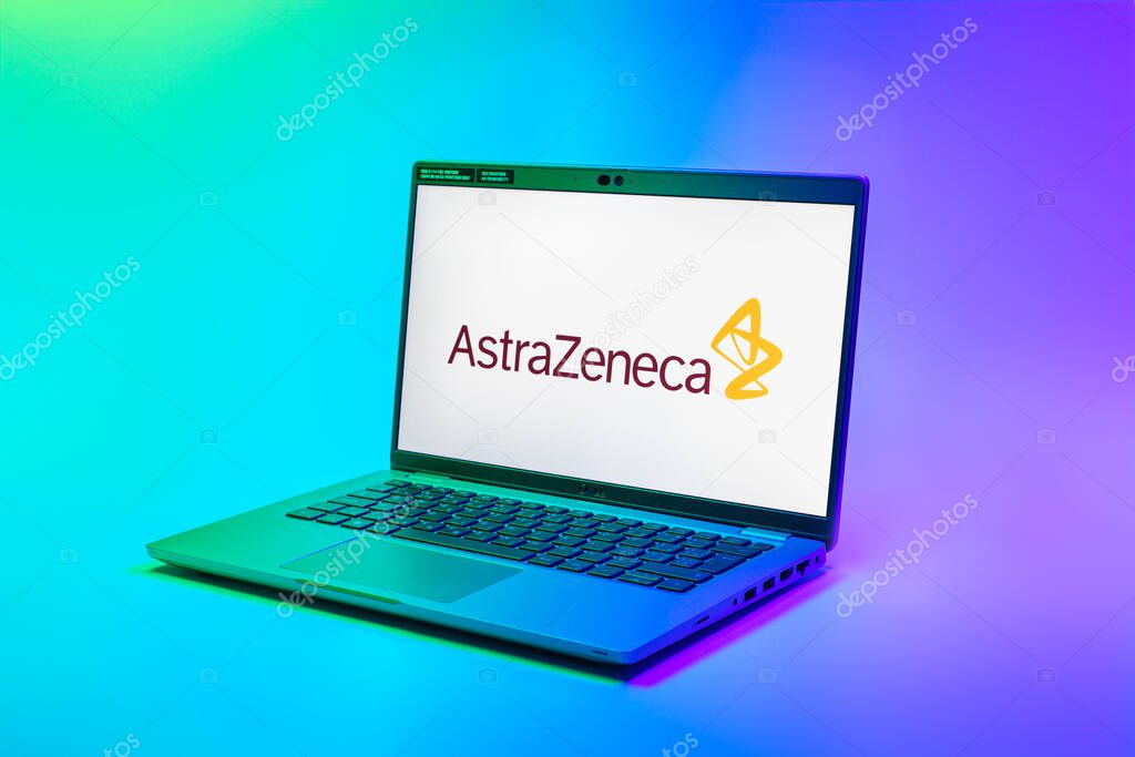 Prague, Czechia - 02 21 2025: Laptop on surface showing AstraZeneca logo.