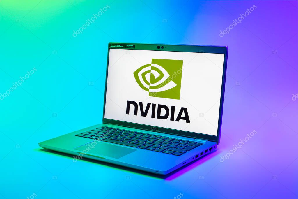 Prague, Czechia - 02 21 2025: Laptop on surface showing NVIDIA logo.