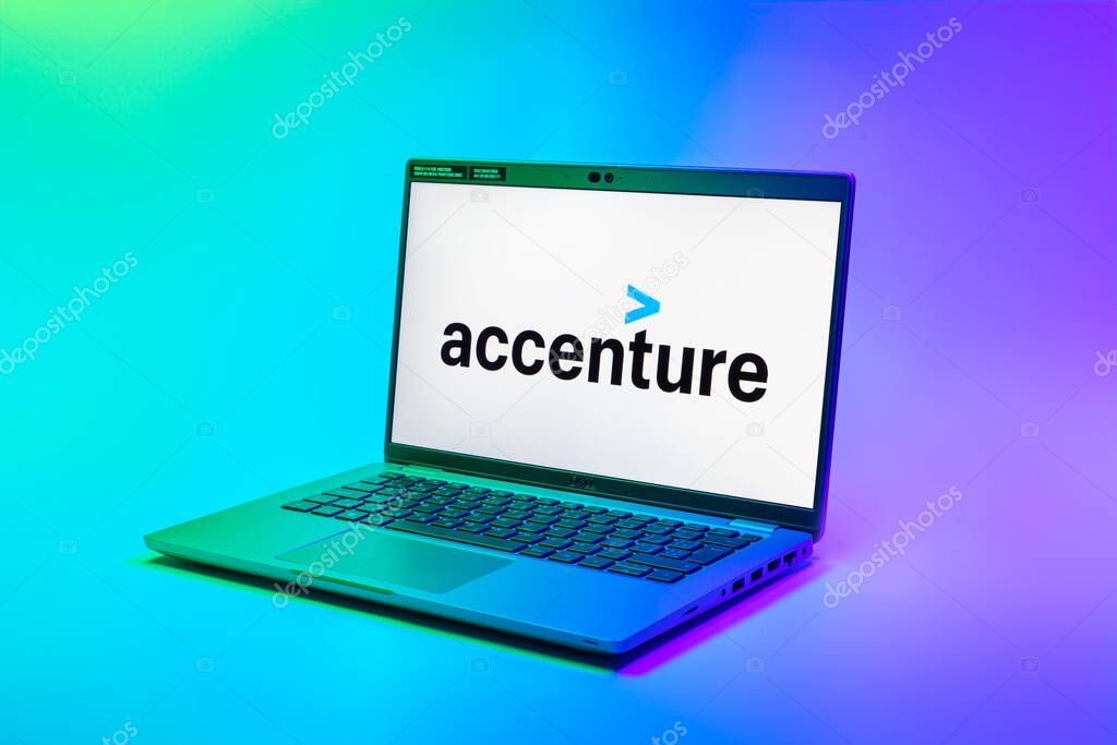 Prague, Czechia - 02 21 2025: Laptop on surface showing Accenture logo.