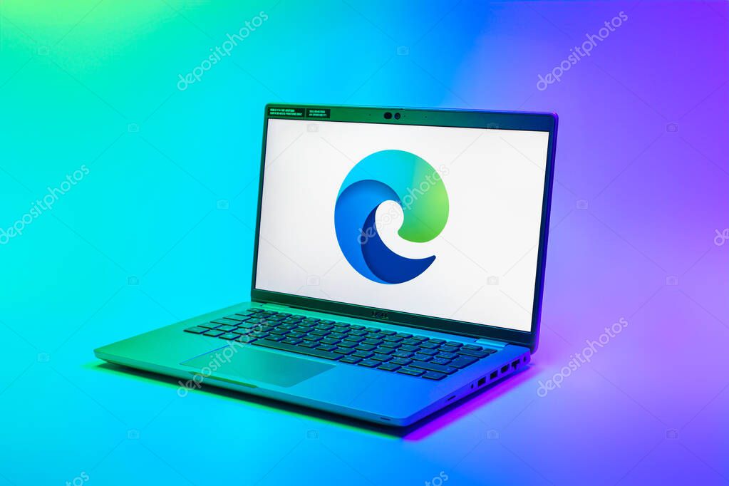 Prague, Czechia - 02 21 2025: Laptop on surface showing Edge logo.