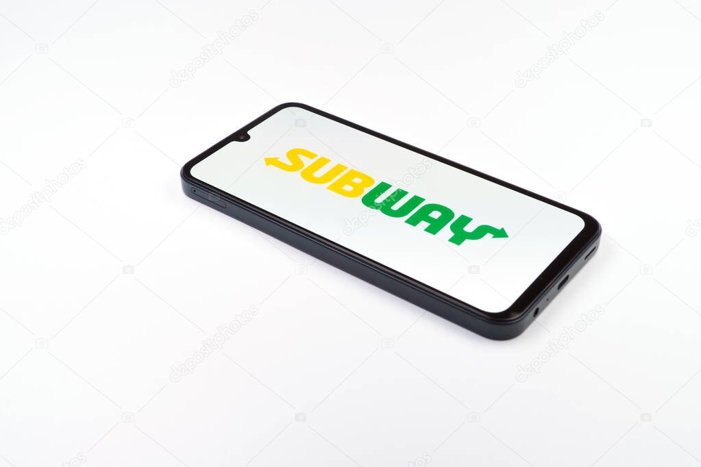 Prague, Czechia - 02 21 2025: Laptop on surface showing Subway logo.