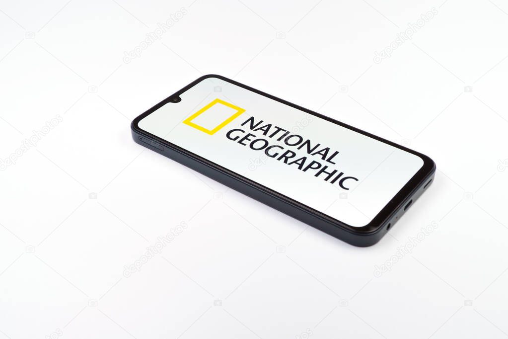 Prague, Czechia - 02 21 2025: Laptop on surface showing National Geographic logo.