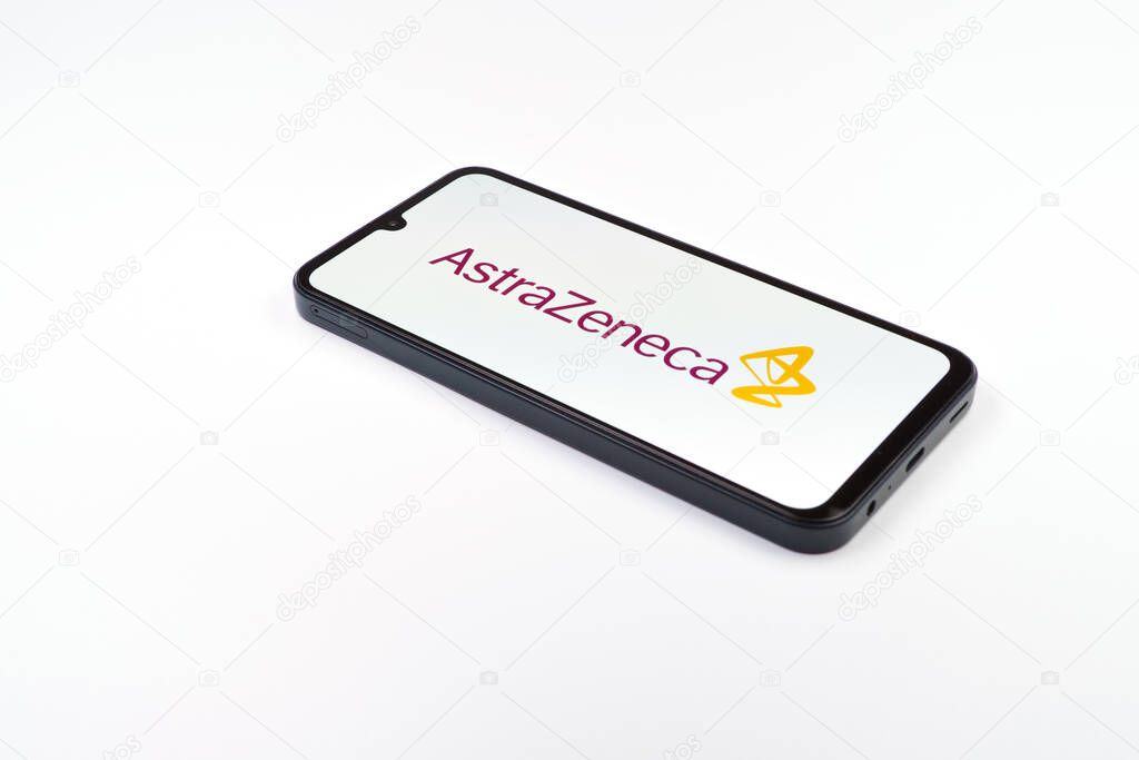 Prague, Czechia - 02 21 2025: Laptop on surface showing AstraZeneca logo.