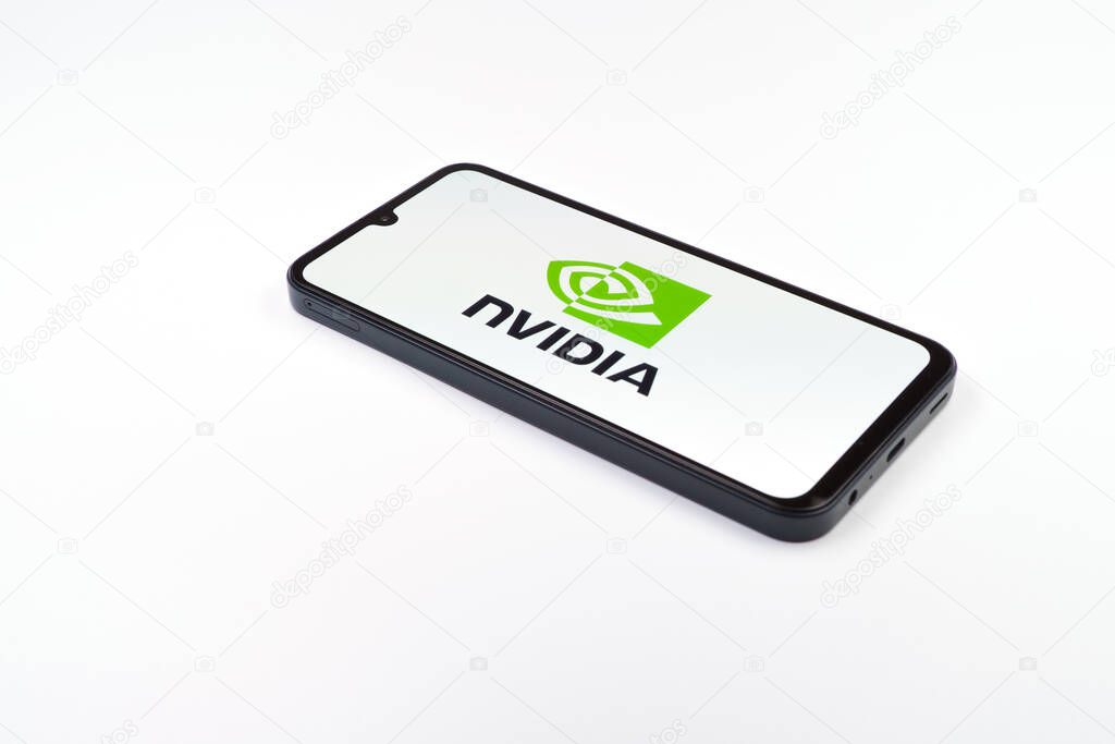 Prague, Czechia - 02 21 2025: Laptop on surface showing NVIDIA logo.