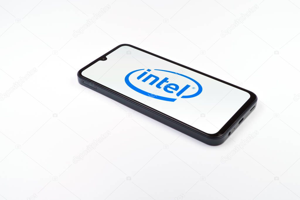 Prague, Czechia - 02 21 2025: Laptop on surface showing Intel logo.