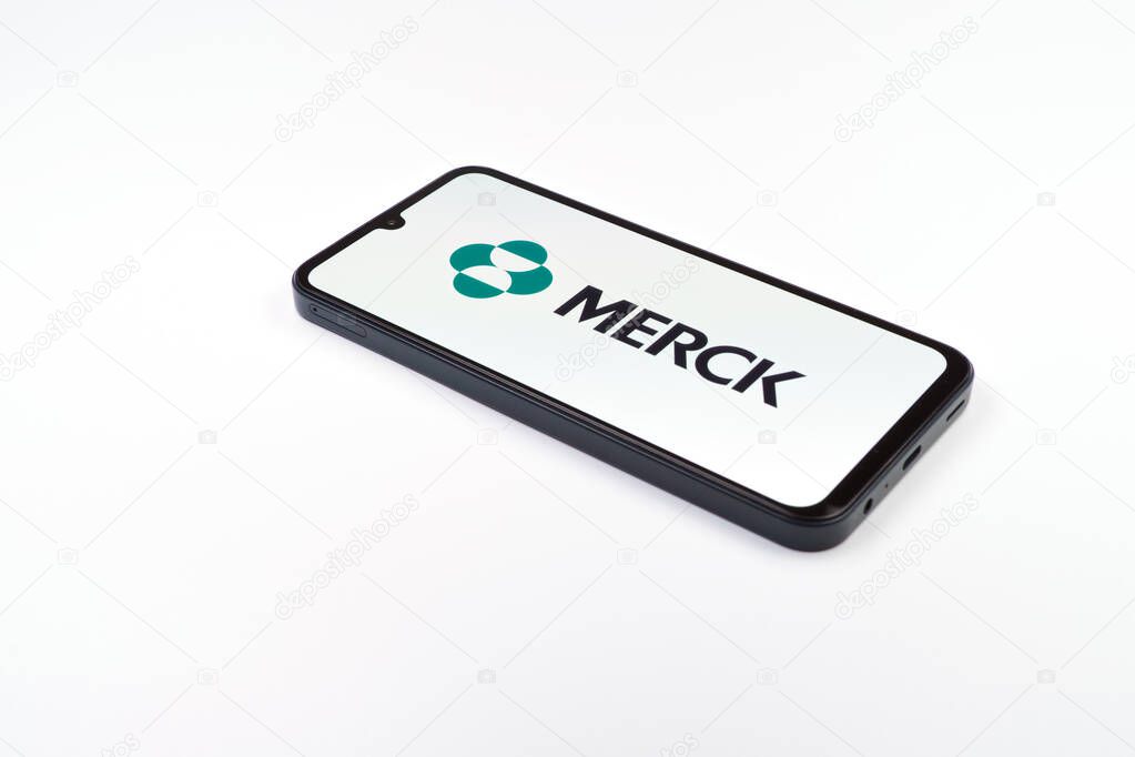 Prague, Czechia - 02 21 2025: Laptop on surface showing Merck logo.