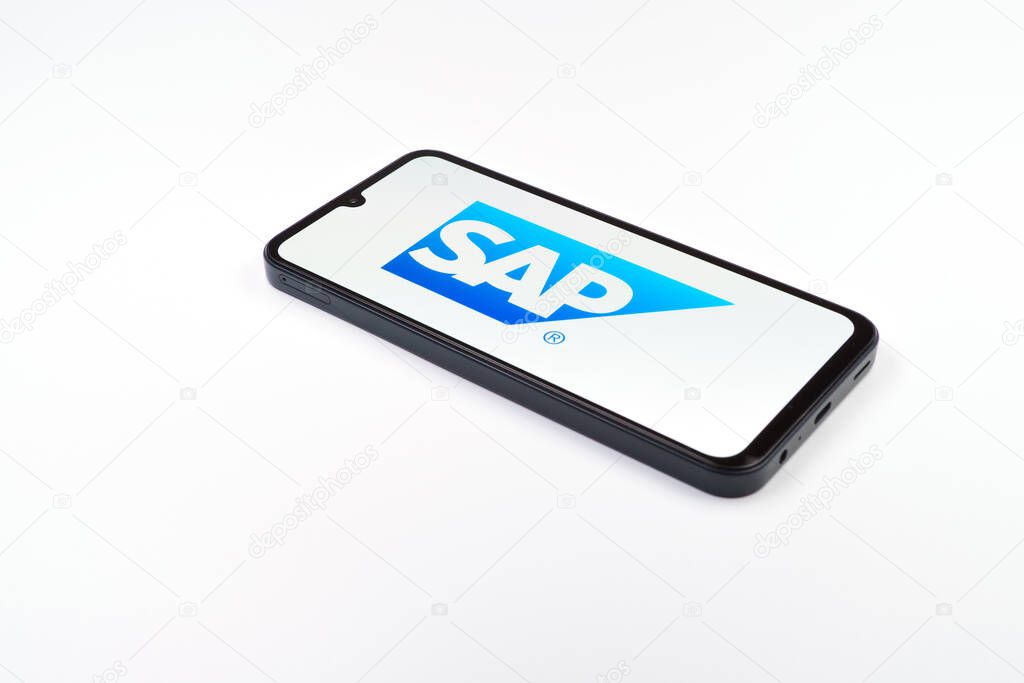 Prague, Czechia - 02 21 2025: Laptop on surface showing SAP logo.