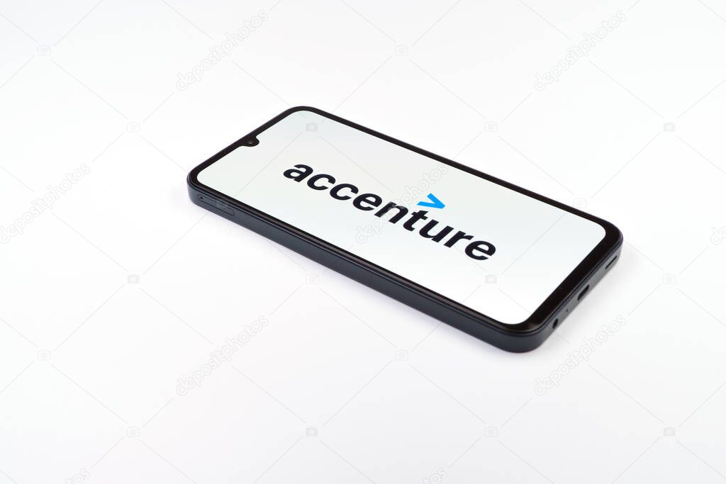 Prague, Czechia - 02 21 2025: Laptop on surface showing Accenture logo.