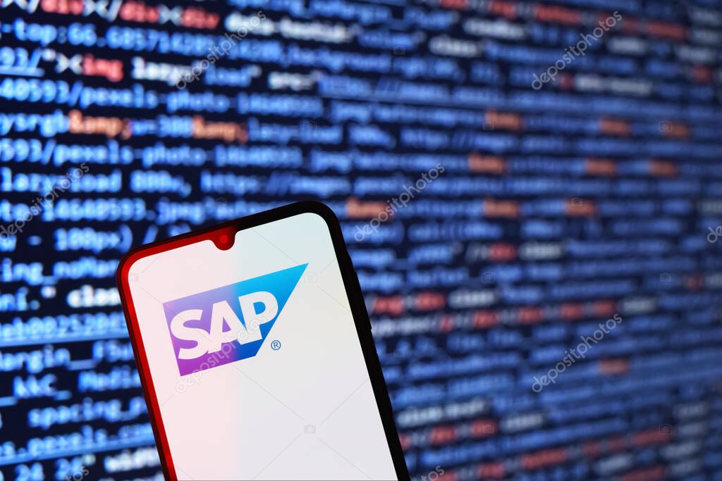 Prague, Czechia - 02 21 2025: Laptop on surface showing SAP logo.