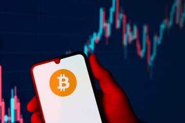 Prag, Çek Cumhuriyeti - 02 21 2025: Bitcoin logosunu gösteren dizüstü bilgisayar.