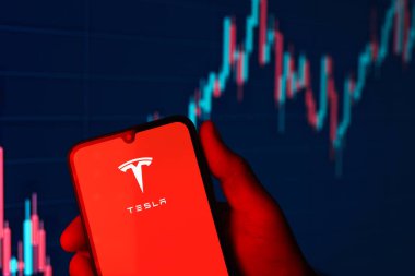 Prag, Çek Cumhuriyeti - 02 21 2025: Tesla logosunu gösteren dizüstü bilgisayar.