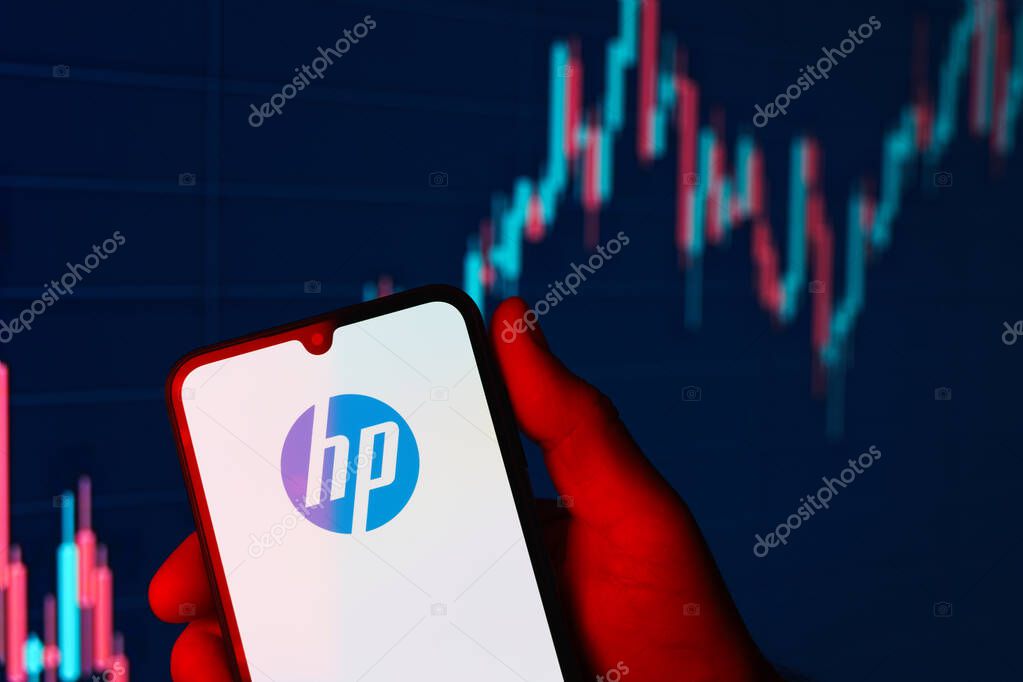 Prague, Czechia - 02 21 2025: Laptop on surface showing Hewlett-Packard logo.