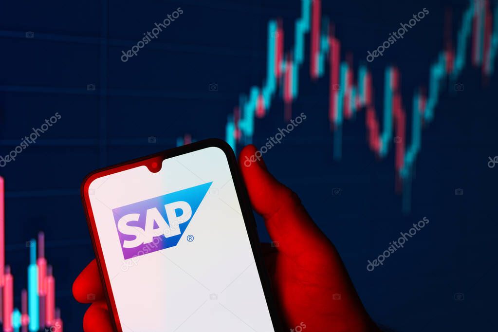 Prague, Czechia - 02 21 2025: Laptop on surface showing SAP logo.