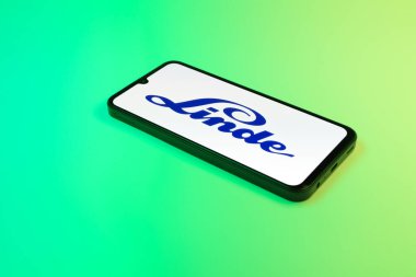 Prag, Çek Cumhuriyeti - 02 21 2025: Linde logosunu gösteren dizüstü bilgisayar.