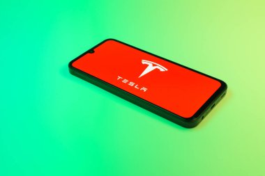 Prag, Çek Cumhuriyeti - 02 21 2025: Tesla logosunu gösteren dizüstü bilgisayar.