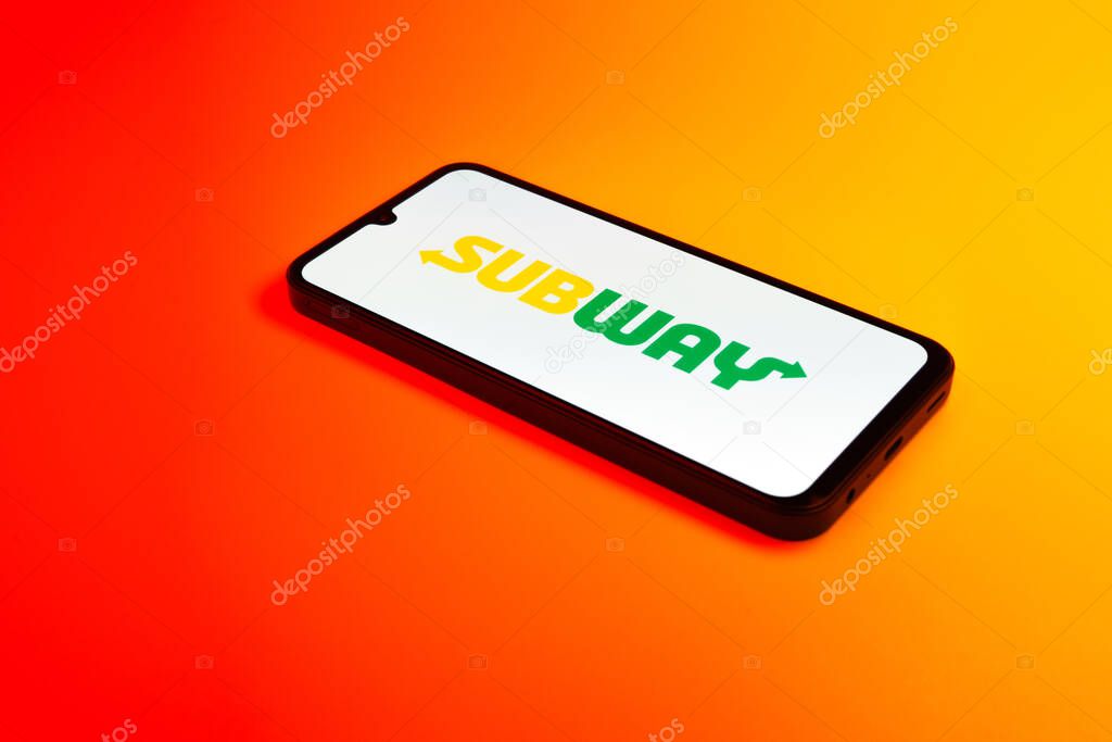 Prague, Czechia - 02 21 2025: Laptop on surface showing Subway logo.