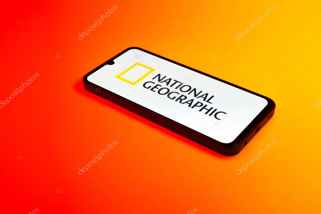 Prague, Czechia - 02 21 2025: Laptop on surface showing National Geographic logo.